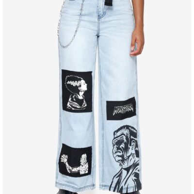 Universal Monsters Patch Chain Wide Leg Denim Pants With Belt