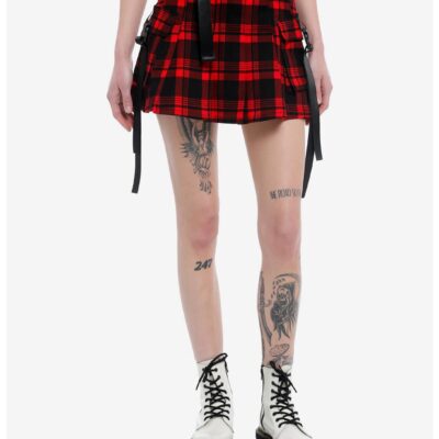 Red Plaid Buckle Pleated Skirt With Belt